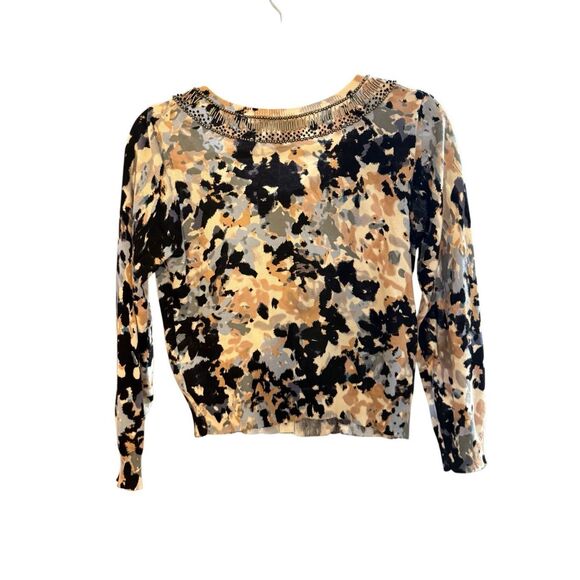 Anthropologie HWR Monogram Beaded Collar Crop Cardigan Sweater Abstract Pattern - Picture 4 of 14